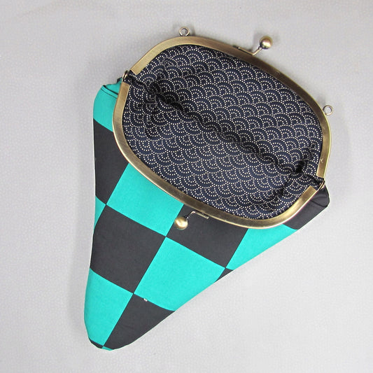 【がま口】 緑黒市松大柄と青海波