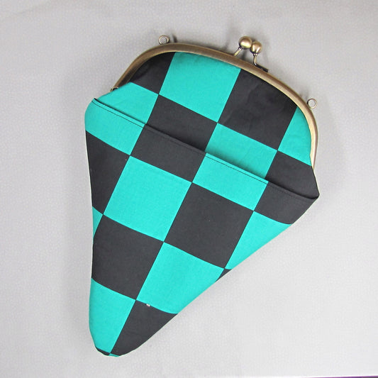 【がま口】 緑黒市松大柄と青海波